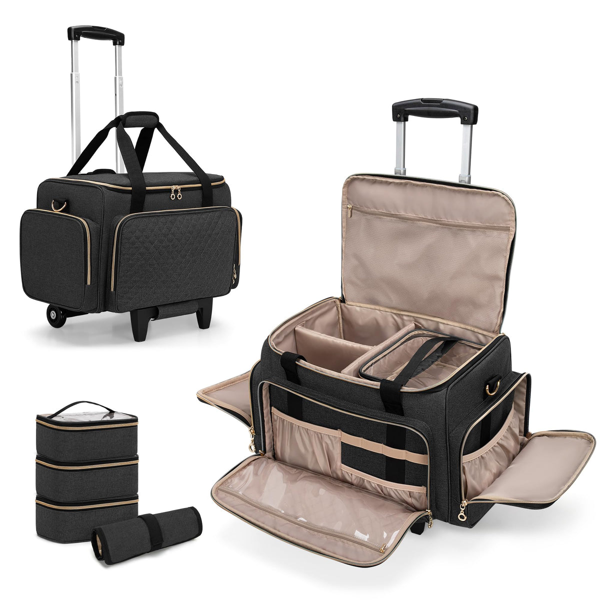 LUXJA Rolling Makeup Case with 3 Removable Pouches and 1 Makeup Brush Bag Large Makeup Bag Cosmetic Bag with Detachable Dolly (Patented) Black